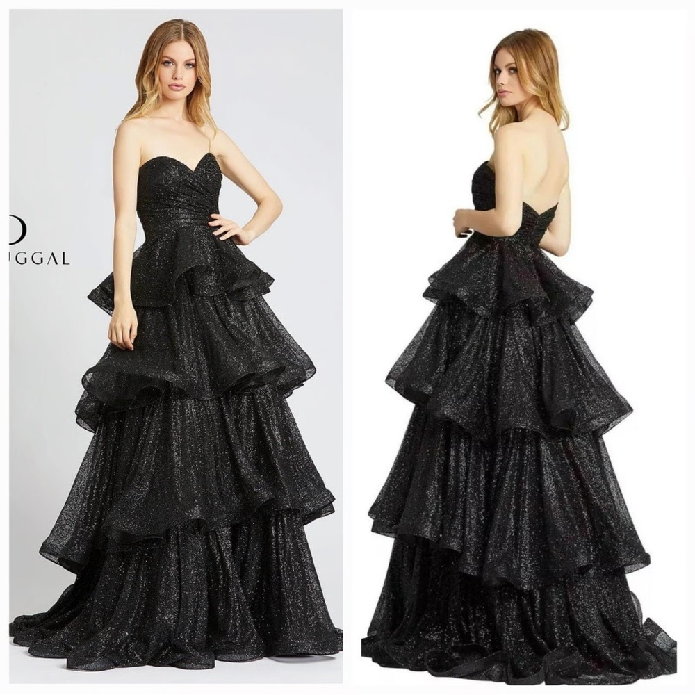 Mac Duggal Tiered Black Strapless Glitter Gown